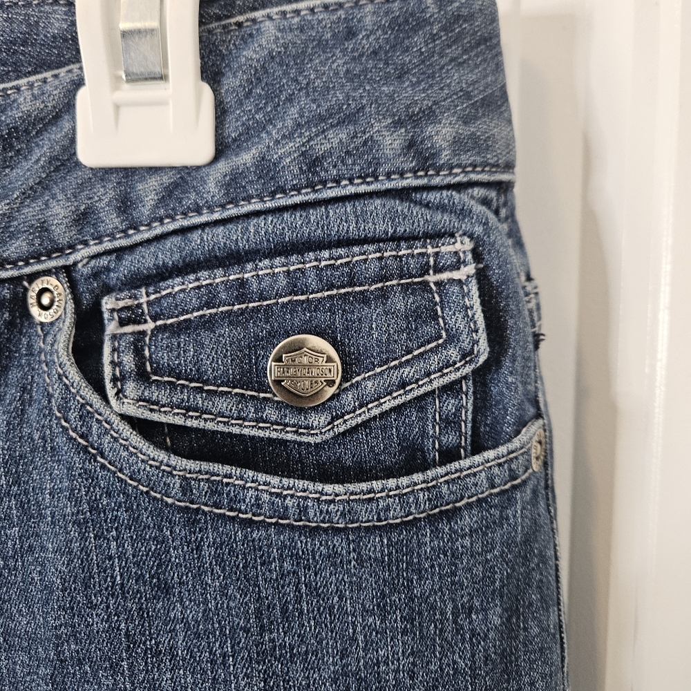 Harley‎ Davidson Capri Stretch Blue Jean Pants Embroidered Pocket Womens Size 6 - Picture 5 of 10